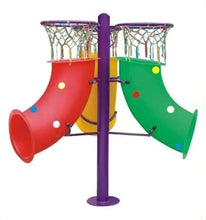 Kids basketball hoop with dual tunnel slides, red and green curved slide tubes
