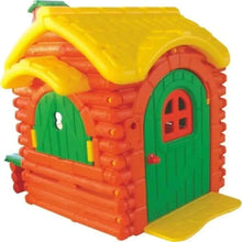 Kids outdoor playhouse toy with yellow roof, orange walls, green doors, and window