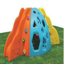 Colorful kids play tunnel with arched panels, slide-through openings in orange, blue, and yellow