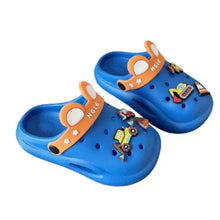 Blue kids cartoon clogs with orange strap detail and character graphic