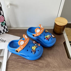Huitich kids cartoon clogs shoes in blue with orange ears strap and colorful cartoon decorations