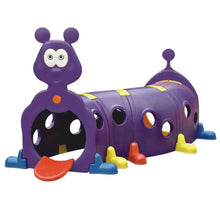 Kids play tunnel in purple with caterpillar character and crawl holes, dome and ends