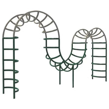 Kids outdoor climbing bar with arched ladder frames and rope rungs, dark green