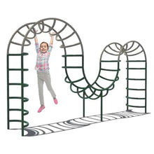 Kids outdoor climbing bar with curved arch, rope rungs and striped platform base