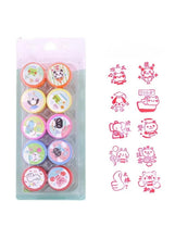 Kids cartoon stamp set, 10 colorful circular stamps in plastic blister pack