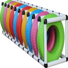 Kids tire rack playset with colorful tires on white frame