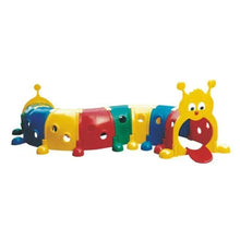 Kids plastic caterpillar play tunnel in multicolor with head mascot and end panel