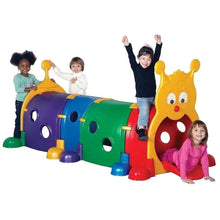 Colorful kids plastic play tunnel shaped like a caterpillar with door openings