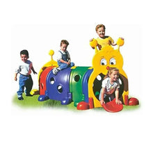 Kids plastic caterpillar play tunnel with standing kids and multiple entry holes