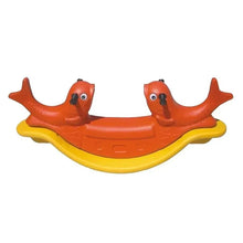 Kids dolphin seesaw rocker, red molded plastic with two dolphin heads and yellow base.