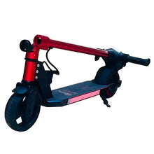 Red and black electric kids scooter, side view with handlebar and front light