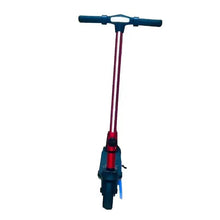 Red electric kids scooter with vertical stem, handlebar, and front light detail