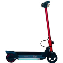 Red and black electric kids scooter with wide deck and front wheel