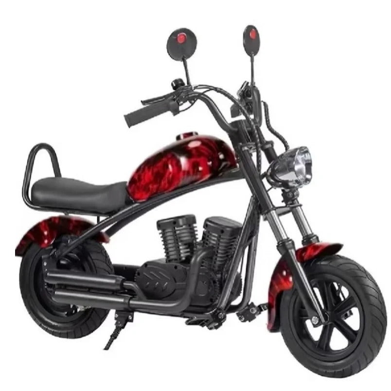 Winner sky kids electric chopper scooter in black and red with dual mirrors and cushioned seat