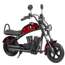 Kids electric chopper scooter bike with black frame and red tank, front headlight
