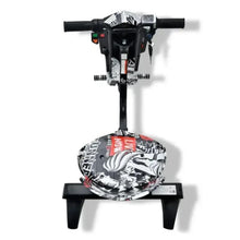 Kids electric scooter front view with zebra graffiti deck and handlebar