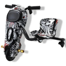 Kids electric scooter with black-and-white graffiti deck