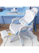 Kids gaming chair with footrest, white frame and seat, blue trim, recline angle