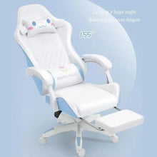 Kids gaming chair with footrest, white and blue, reclining chair with ottoman extended