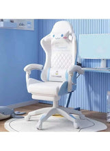 Kids gaming chair with footrest, white and blue, reclined seat with side arms