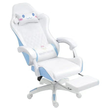 Kids gaming chair with footrest, white and light blue, cartoon face on headrest