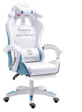 Kids gaming chair with footrest, white and blue cartoon design, quilted seat