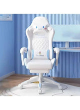 Kids gaming chair with footrest, white seat and back, blue accents, caster base