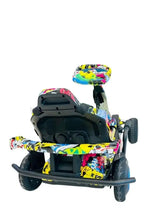 Kids go kart front view, colorful graffiti body, black seat, steering wheel