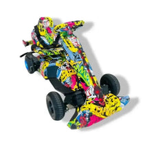 Kids go kart with colorful graffiti wrap, black seat, four wheels