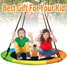 Kids in a hanging hammock swing with orange, green and blue padded seat