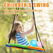 Kids hanging swing with striped shirt child and orange-green padded seat