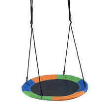 Kids hammock swing with orange, green and blue round padded seat