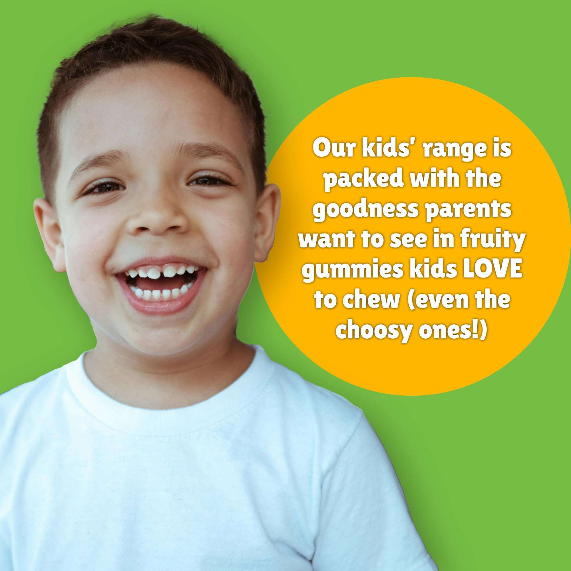 Smiling young boy beside yellow text bubble promoting chewy vites immune vitamins for children fruity gummies