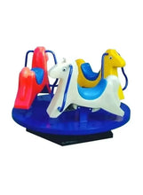 Horse-shaped merry-go-round toy spinner with three colorful ride-on horses
