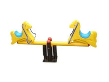 Kids horse rider seesaw, two yellow spring riders with blue seats and center base