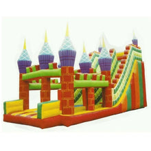 Inflatable bouncy castle play structure with striped slide and multicolor brick pillars