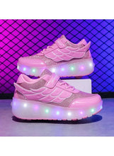 Kids pink LED roller skate sneakers, front view with glowing wheel lights