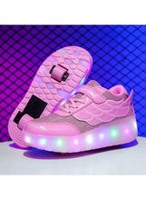Kids pink LED roller skate sneakers, angled view with glowing wheel lights