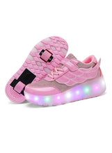 Kids pink LED roller skate shoes with light-up wheels and pink straps