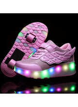 Kids pink LED roller skate sneakers, side view with glowing wheel lights