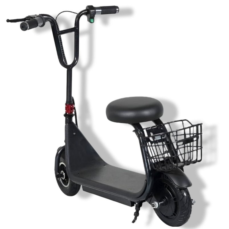 Winner sky kids lithium electric scooter 36V with black frame, padded seat, and rear basket