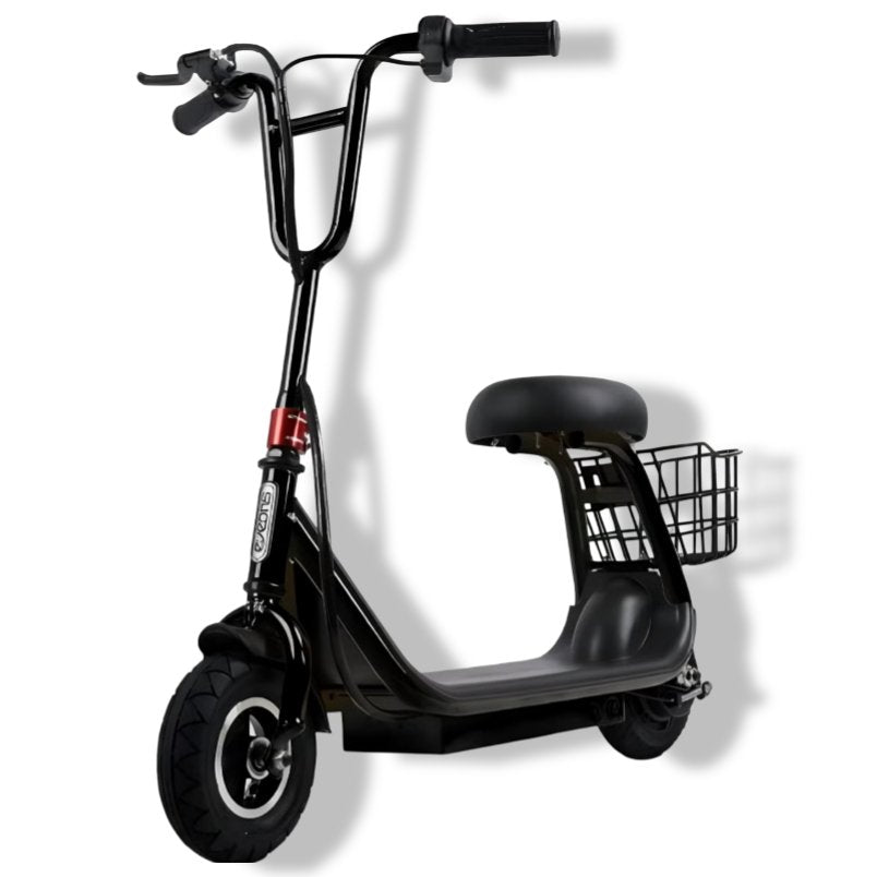 Winner sky kids lithium electric scooter 36V with black frame, seat, and rear basket