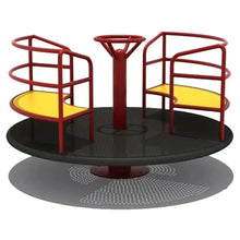 Kids playground spinner with yellow seats and red safety rails on round platform