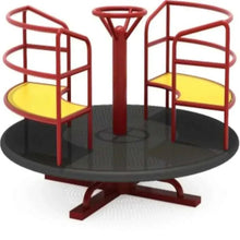 Kids playground spinner with two yellow seats, red safety rails, and round base