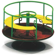 Kids playground spinner with green safety rails and yellow circular seats on base