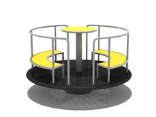 Playground spinner with silver safety rails, two yellow seats, and black base