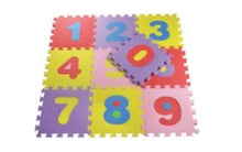 Interlocking number play mat with large digits 1 to 9 on colorful foam tiles