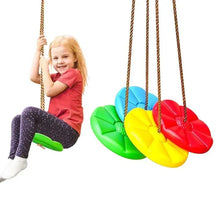 Disc swing seat with three ropes and red, green, yellow discs; blue disc