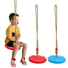 Red disc swing seat with two rope loops; blue and red discs