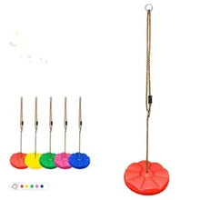 Red disc swing seat with rope loop and clasp; small multicolor disc set